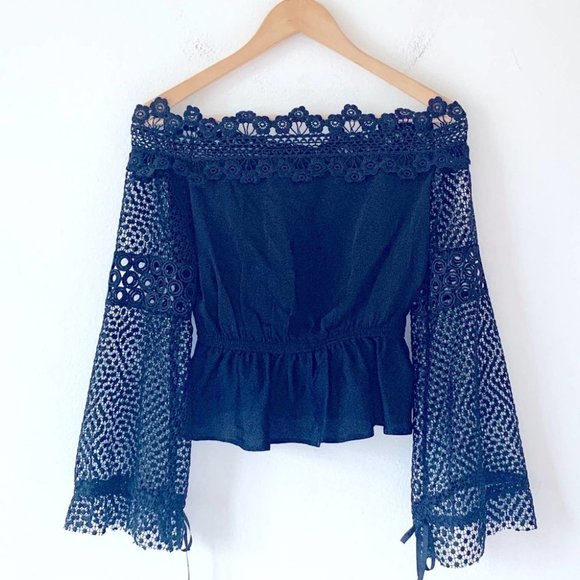 Self-Portrait Lace Off Shoulder Top in Black - Picture 4 of 7